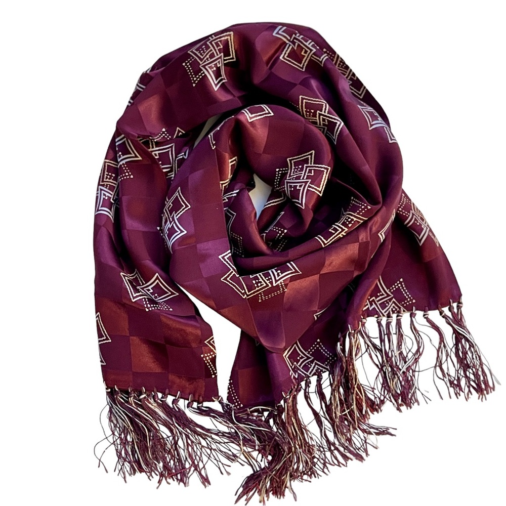 Vintage Aviator Scarf  w fringe. Burgundy w Yellow/cream 1950s Geometric Design